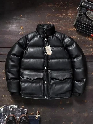 Men's Puffer Jacket 100% Lambskin Leather Quilted Bomber Jacket - Black Colour - Image 1 of 4