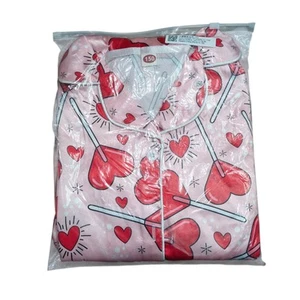  Satin Pink Heart Lollipop Printed Pajama Set Feather Cuffs Girl Kids 150 - Picture 1 of 4