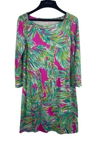 Lilly Pulitzer S Boatneck Jersey Knit Dress Pink Green Palm Print Gold Buttons - Picture 1 of 14