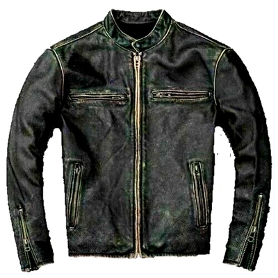 Cafe Racer Mens Genuine Sheep Skin Leather Jacket Vintage Biker Black Distressed - Image 1 of 4