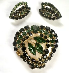 VTG Signed Triad Set Brooch Earrings Green Black Leaves Midcentury - Foto 1 di 7