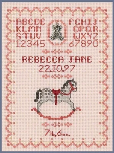 Birth Sampler in pinks for baby girl - Cross Stitch Kit on pink 16 aida - Picture 1 of 1