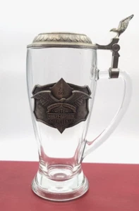 Harley Davidson Mug Beer Stein with Metal Medallion & Hinged Lid Clear Glass - Picture 1 of 6