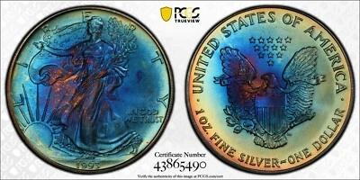 1993 $1 American Silver Eagle Blueberry Toned on Both Side PCGS MS68 #5490 - Image 1 of 3