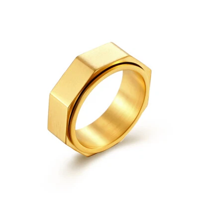 8MM Screw Nut Wedding Spinner Ring Stainless Steel Men Women Gold Plated Ring - Image 1 of 3