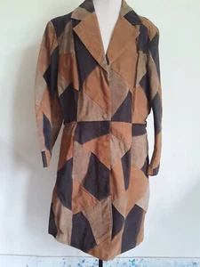 Vintage RETRO Patchwork Womans LEATHER Coat- Sz 1X - Long- Suede? Browns - Picture 1 of 5