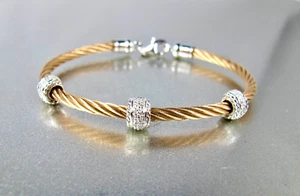 Savvy Cie Sterling 925 Diamond Rose Gold Stainless Steel Cable Bangle Bracelet - Picture 1 of 13