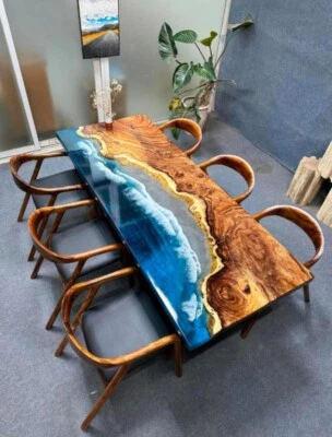Custom Ocean Epoxy Resin Table Top – Live Edge Wood, Handmade Luxury Dining or - Image 1 of 4