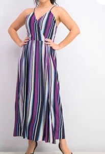Mango Women Purple V-Neck Long Combo Belted Metallic Striped Maxi Dress sz 16-18 - Picture 1 of 5
