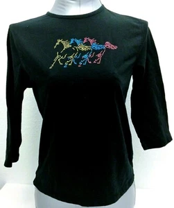 M&C Sportswear Black Top Rhinestone Studs Running Horses Size M - Picture 1 of 5