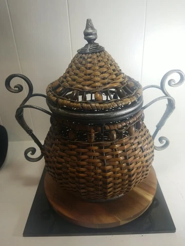Vintage Woven Rattan Bamboo Wicker  Basket With Lid and Metal accents. OOAK Cover