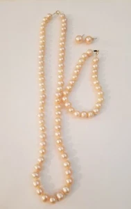 14K Set- Peachy Pink Pearl 18 Inch Strand, 7 Inch Bracelet, & Stud Earrings - Picture 1 of 14