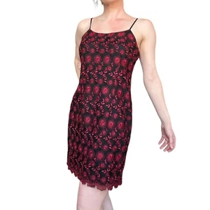 Vestido sin Mangas Vintage Años 90 Laura Ashley Floral Encaje En Capas Negro Rojo S/M - Imagen 1 de 4
