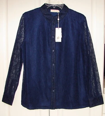 NWT Tory Burch size 12 royal navy lace button-up Jenny shirt top #30540 $395 — 第 1/4 张图片