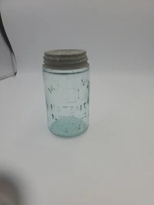 VTG AQUA PINT MASON'S JAR PATENT NOV 30TH 1858 HERO CROSS BALL ZINK LID - Picture 1 of 12