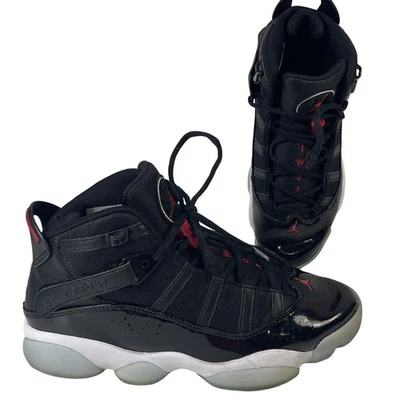 Jordan 6 Rings Black Sneaker Men 9 Red White Air Retro Patent Leather 322992-064 - Image 1 of 4