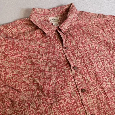 L.L. Bean Men's L Red Aztec Mayan All Over Print Front Pocket Hawaiian Shirt - Image 1 of 4