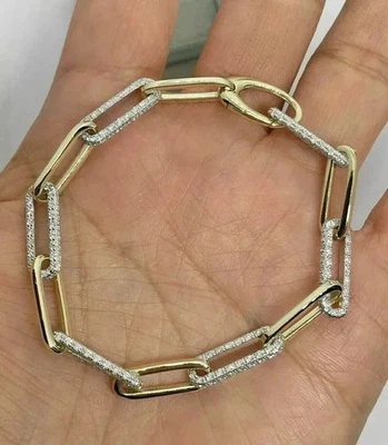 Brazalete de eslabones con clip de moissanita de corte redondo de 5 quilates enchapado en oro amarillo de 14 k para hombre Foto 1 de 4