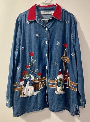 Рождественская женская вышитая джинсовая рубашка на пуговицах куртка 18/20 снеговики  - Изображение 1 из 4