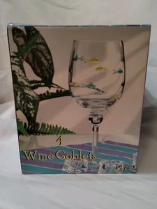 Wine Goblet Set Of 4 Skillfully Cut Fish Design Tinted In Soft Colors 14 Oz NIB - Picture 1 of 9