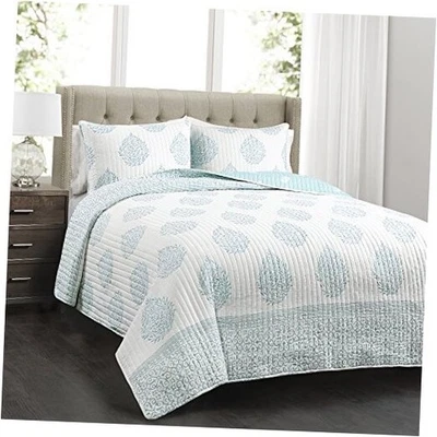  Blue Teardrop Leaf Quilt-Reversible Floral Stripe 3 Piece Bedding Set King - Image 1 of 4