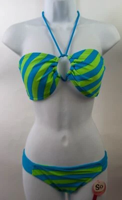 SO Damas Reversible Sólido/Rayas Azul Lima Bikini Top o Inferior Traje de Baño $28 Foto 1 de 4
