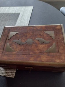 Vintage Handmade Wooden Box With Hinged Lid In wood And brass With A Brass... - Picture 1 of 9