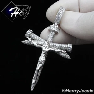 MEN 925 STERLING SILVER ICY BLING CZ SILVER 3D NAIL JESUS CROSS PENDANT*SP402 - Picture 1 of 5
