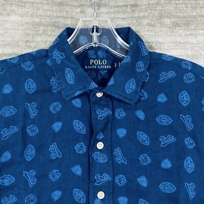 Polo Ralph Lauren Shirt Men's Small S Blue Linen Polo Spell Out All Over Print - Image 1 of 4