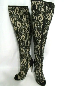 Madison by Shoedazzle Black Bone Peep Toe Knee-High Women's Boot Size 6.5 - Picture 1 of 7