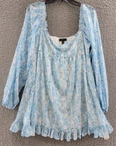 AQUA Floral Ruffle Mini Dress Women's L Blue Floral Sweetheart Neck Pullover L/S - Picture 1 of 14