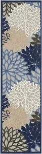 2' X 12' Blue Large Floral Indoor Outdoor Runner Rug - Picture 1 of 5