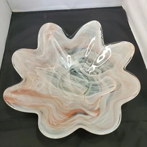 Murano Style Bowl Cased Art Blown Glass Purple SwirlRuffledEdge Serve Decorative - Picture 1 of 6