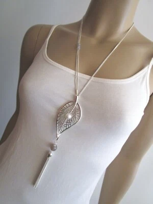 Damen Hals Kette lang Modekette Silber Perle Achat Statement Blogger Lagenlook h - Bild 1 von 4
