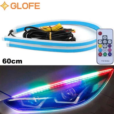2X 60CM RGB Slim Sequential Flexible LED DRL Turn Signal Strip Remote Headlight - Image 1 of 4