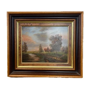 Fine Art Oil Painting By Barnes French Countryside Landscape Brown Gold Frame - Picture 1 of 15