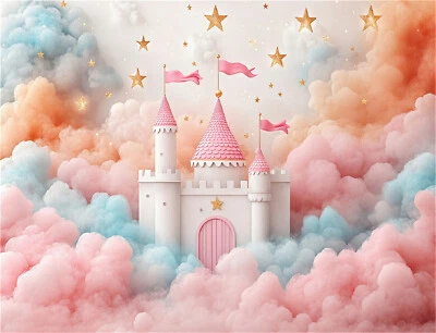 10x8ft Gold Stars Blue Cloud Pink Fairy Castle Vinyl Backdrop Photo Background - Image 1 of 4