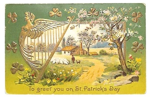 St. Patricks Day Postkarte Harfe Kleeblatt draußen Haus Szene vergoldet geprägt PM 1912 - Bild 1 von 2