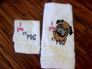 MOPS DOG I LOVE MY PUG STICKEREI HANDTUCH & WASCHTUCH SET PERSONALISIEREN - Bild 1 von 3