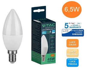 10 LAMPADINE LED V-TAC 6,5W WATT E14 VT-268 CANDELA OLIVA CHIP SAMSUNG LAMPADA - Foto 1 di 3
