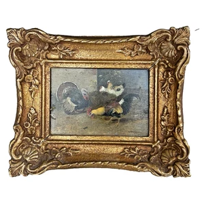 Oil Painting Turkey and Chickens Signed Max Haenger Animal Painter Painting on Wood - Picture 1 of 13