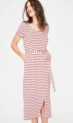 Boden Hallie Red Striped Jersey Midi Day Dress US 10 Belted Pockets Excellent - Image 1 of 4