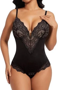SHAPERIN Women Lace Bodysuit Shapewear Tummy Control Shaping Bodysuit Sexy Deep - Picture 1 of 7