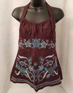 Heart Soul Womens Shirt Size L Large Brown Blue White Floral NEW - Picture 1 of 3