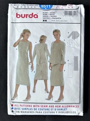 Burda 8511 Misses Dress & Asymmetrical Jacket Original 2003 Pattern 6-16 Uncut - Image 1 of 2