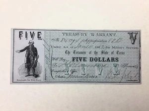 ~1862 $5 Texas Confederate Civil War Warrant for Military Service - UNCANCELLED - Bild 1 von 2