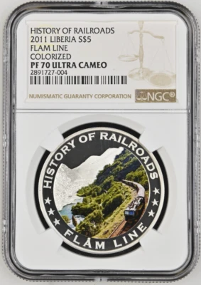 5 DOLLARS 2011 LIBERIA HISTORY OF RAILROADS FLAM LINE SILVER PROOF NGC PF70 - Image 1 of 4