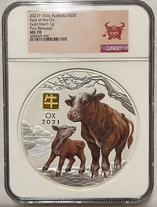 2021P AUSTRALIA $30 LUNAR SILVER 1 KILO W 1G GOLD PRIVY YEAR OF OX NGC MS70 RARE - Picture 1 of 4