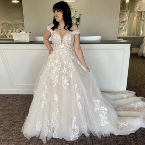 A-Line Wedding Dresses Off Shoulder Appliques Backless Tulle Bridal Gowns Custom - Picture 1 of 7