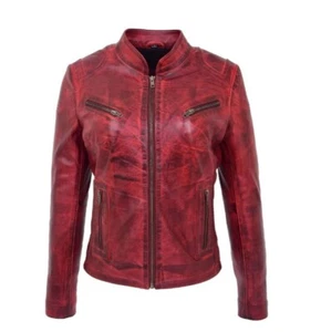 Women's Real Leather Super Soft Sheepskin Motorcycle Biker Fashion Jacket D.Red - Picture 1 of 6
